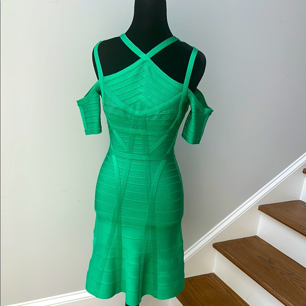 Herve Leger Chantelle Green Bodycon Cutout Cocktail Dress Size XS
